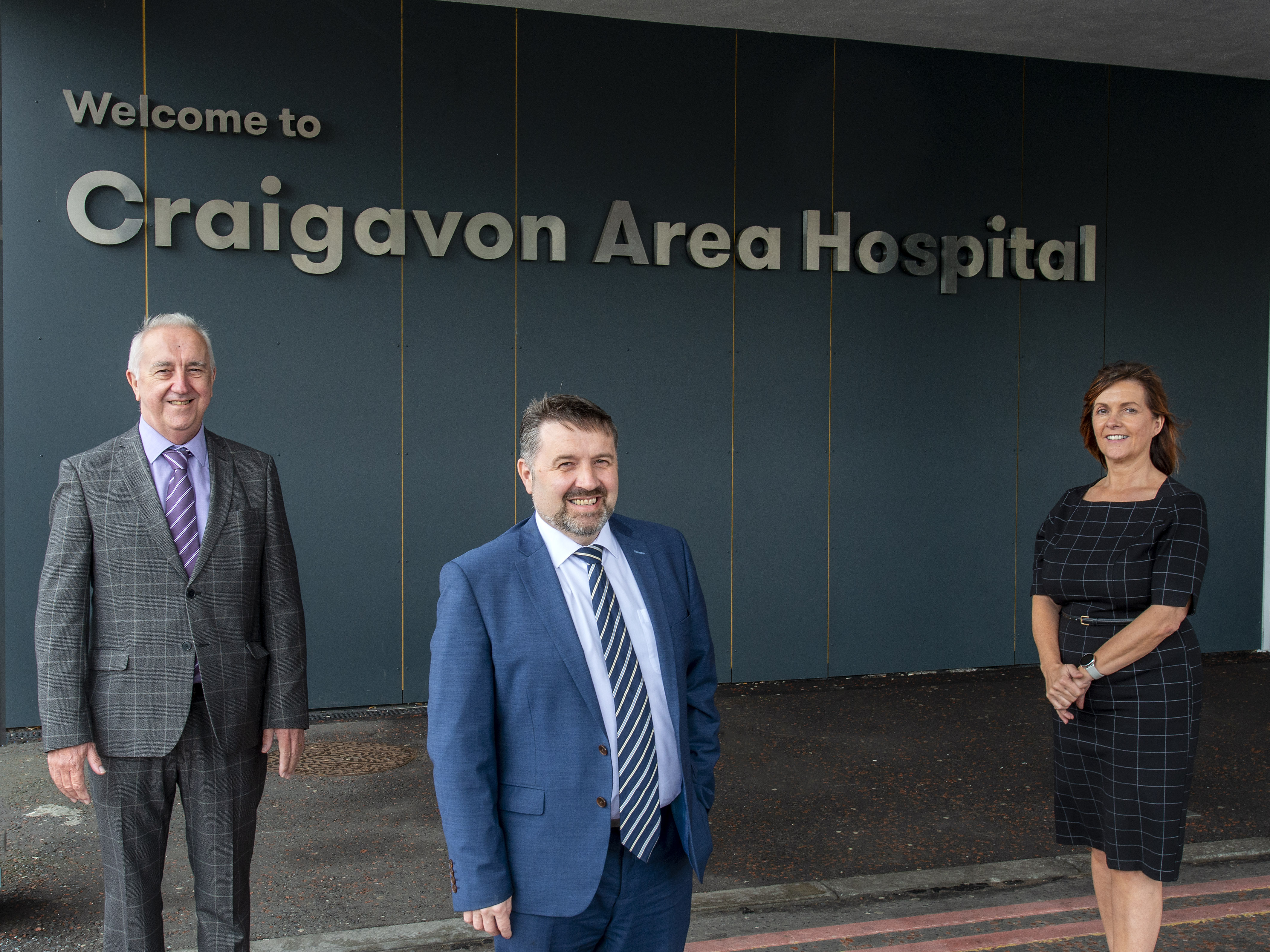 Pictured outside Craigavon Area Hospital are Health Minister Robin Swann with Martin McDonald, Non- Executive Director Southern Health and Social Care Trust and Melanie McClements, Director of Acute Services 