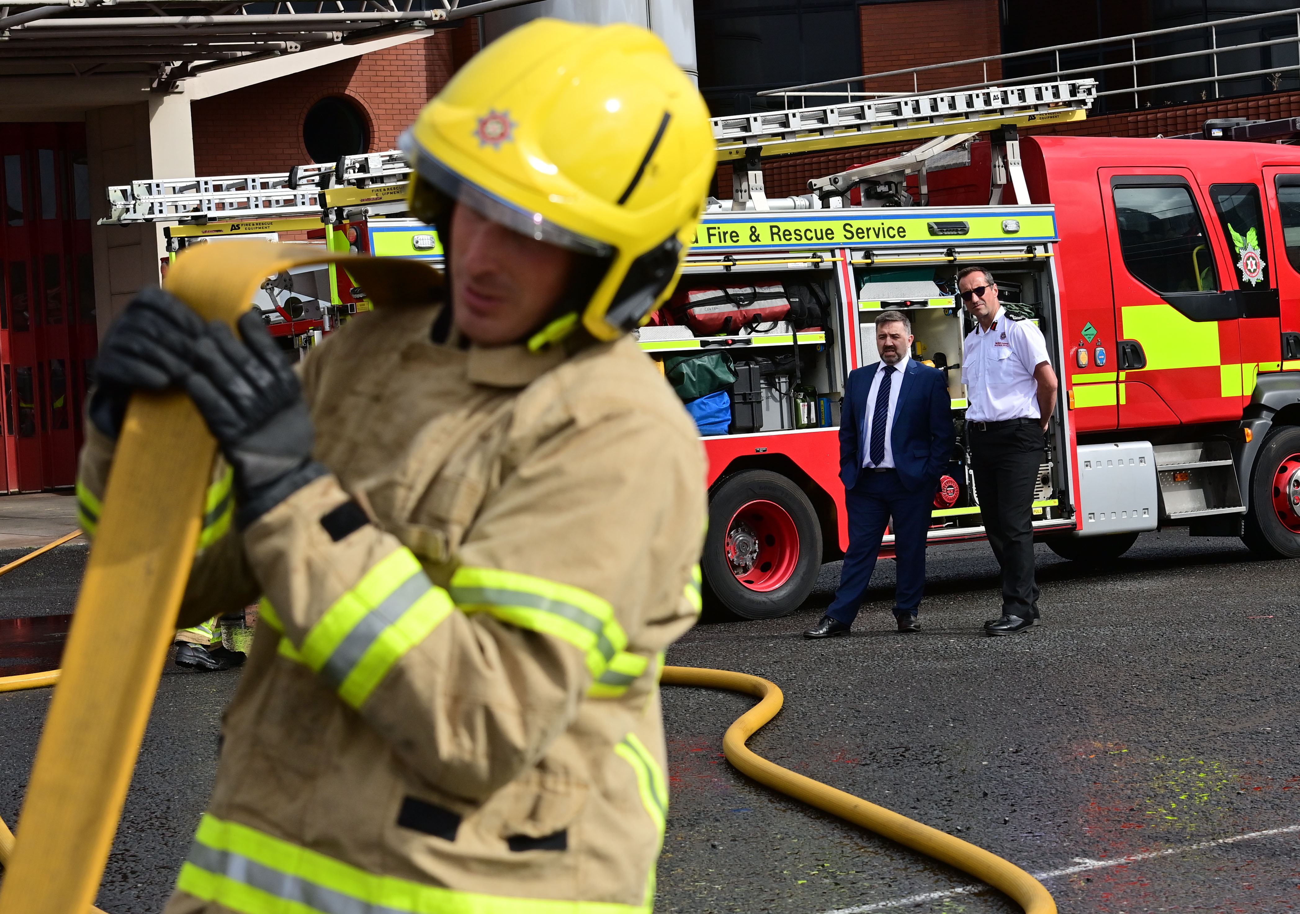 Fire crews from Cadogan and Central Fire Stations  taking part in a drill at Central Fire Station, Belfast