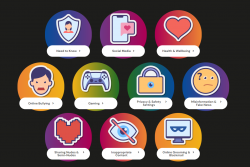 A picture of the online safety hub website, showcasing a number of option which users can click into to find out more about staying safe online.