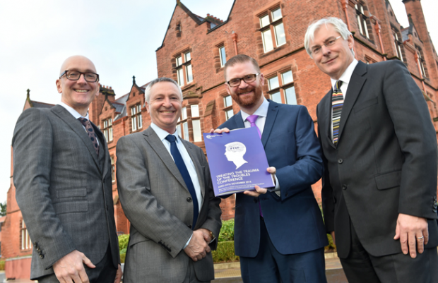 Pictured L-R are Dr Ciaran Mulholland, Queens University, Dr Michael Duffy, Queens University, Health Minister Simon Hamilton and Professor David Clark, Oxford University. Photo by Simon Graham/Harrison Photography.