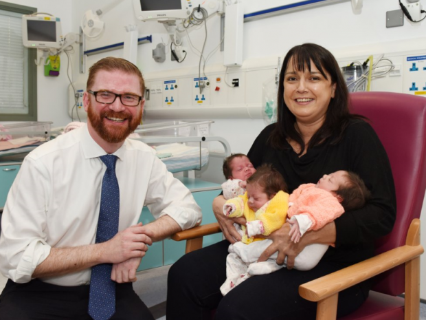 Simon Hamilton meets Kirsty McLaughlin and her triplets Kiera,Hannah & Mia in Antrim Hosp Neonatal Unit 