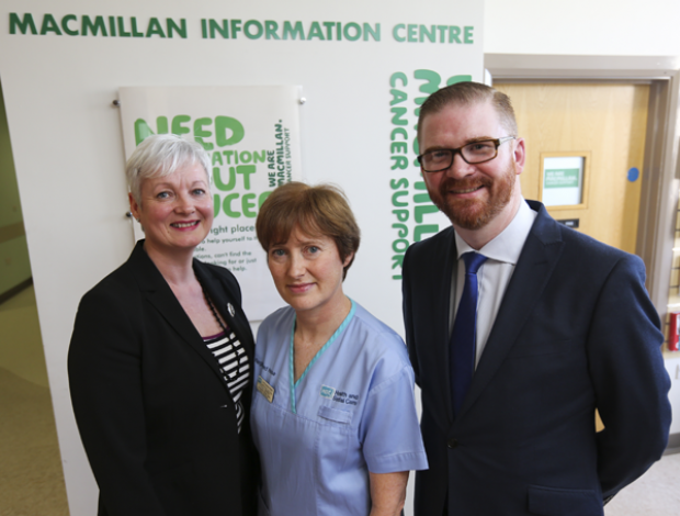 Breast and Endocrine Centre at the Ulster Hospital: Health Minister, Simon Hamilton; Head of Macmillan Services in Northern Ireland, Heather Monteverde; Macmillan Breast Care Nurse Specialist, Rosey Whittle.