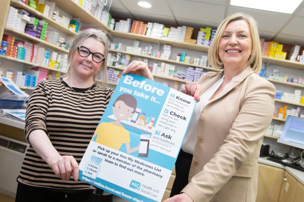 Pharmacist Aisling Elliott (left) from Clear Pharmacy, Lisburn Road, Belfast, and Chief Pharmaceutical Officer Cathy Harrison launch the ‘Know, Check, Ask’ campaign