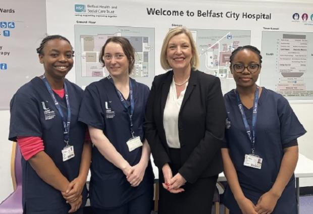 Chief Pharmaceutical Officer, Professor Cathy Harrison is pictured with Experiential Learning programme placement students Samantha Ojeisekhoba, Caoimhe Hudson and Judy Nwokolo.
