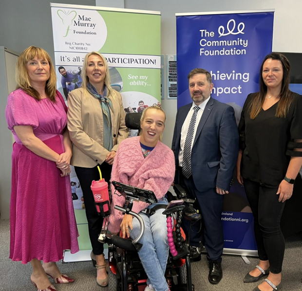 Pictured (l-r): Róísín Wood, CEO Community Fund NI, Alix Crawford, Chairperson, Mae Murray Foundation, Talia McDowell, Health Minister Robin Swann, Kyleigh Lough, Operations and Membership Manager, Mae Murray Foundation
