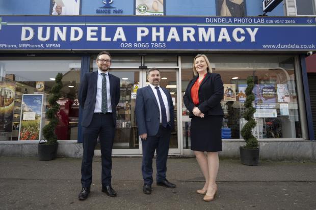 Peter Rice, Chair Community Pharmacy NI, Health Minister Robin Swann, Cathy Harrison, Chief Pharmaceutical Officer.