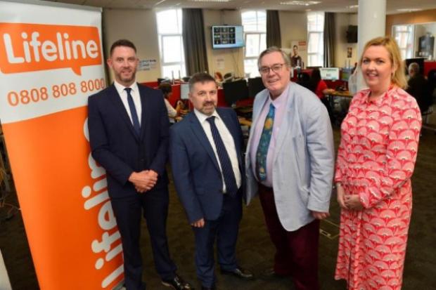 John Hand, Service Manager for Lifeline; Health Minister Robin Swann; Andrew Dougal, Chair of PHA and Moira Kearney, Interim Director of Mental Health, Intellectual Disability and Psychological Services at Belfast Health and Social Care Trust