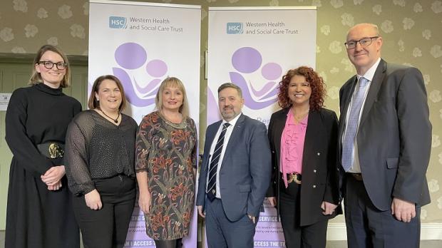 Health Minister is pictured with Katie Graham, Service User Dr Margaret Kelly, Consultant Perinatal Psychiatrist, Alison Doherty, Team Lead Karen O’Brien, Director, Adult Mental Health and Disability  Neil Guckian OBE, Chief Executive WHSCT
