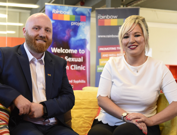 Minister Michelle O'Neill pictured with John O'Doherty, Director of the Rainbow Project after the Minister announced lifting the lifetime ban on blood donation by men who have had sex with other men