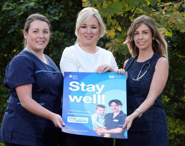 Pictured at the launch of the Stay Well campaign (L-R) Nurse Jennifer Barklie, Health Minister Michelle O’Neill and Dr Jennifer McKew