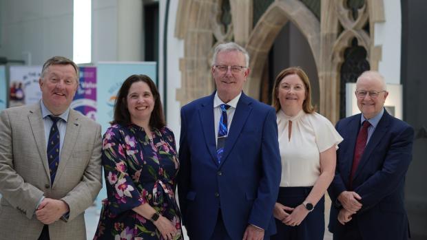 Photo of (l-r) Professor Mark Taylor, Lisa McWilliams (DoH) Health Minister Mike Nesbitt, Tara Clinton & Professor Stuart Elborn (BHSCT)