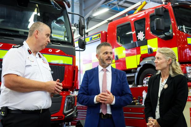 Photo L-R of Health Minister Robbie Butler joins Aidan Jennings, Chief Fire and Rescue Officer and Paula White