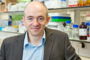 Photo of Professor Danny McAuley with pharmacy wall in the background
